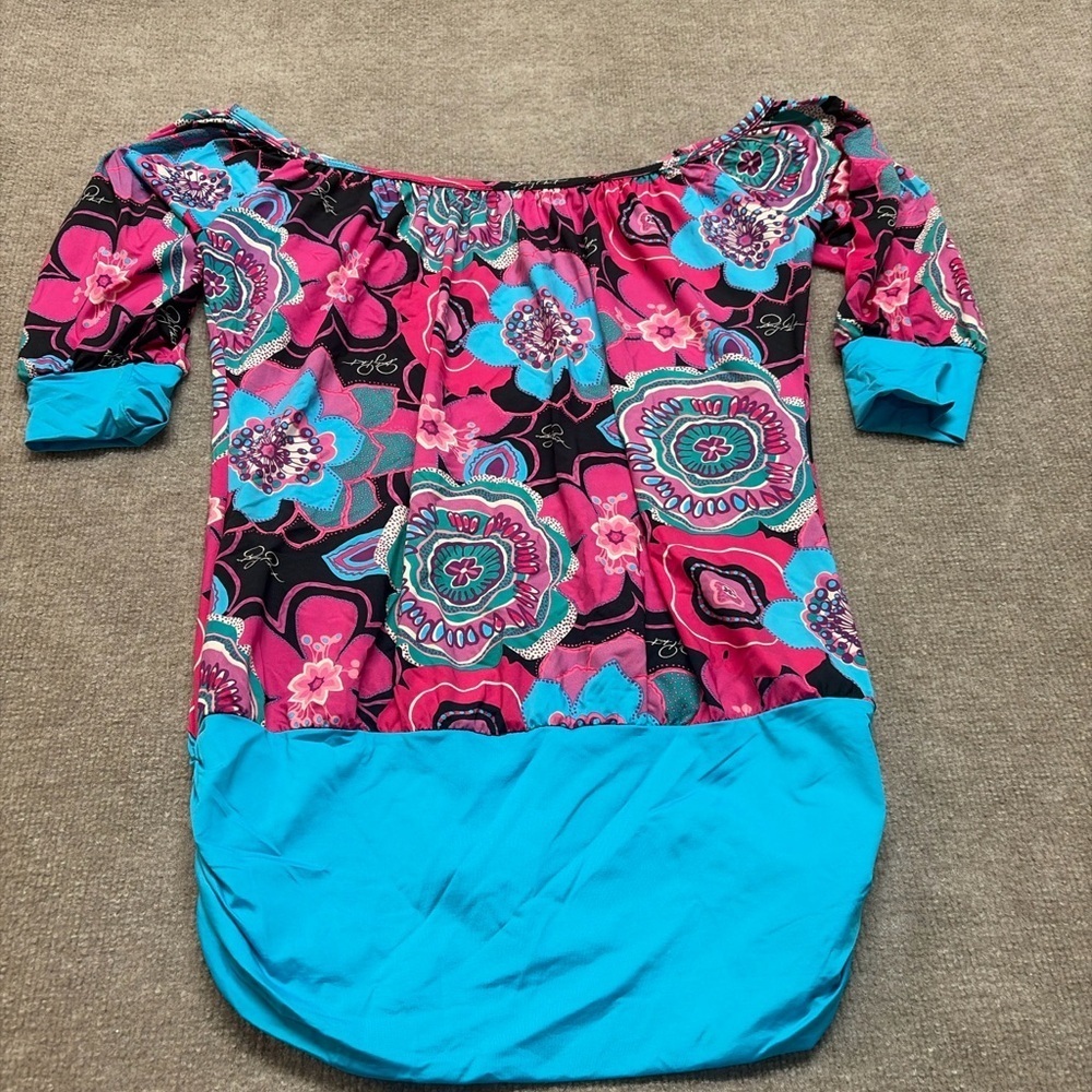 Baby Phat Off-Shoulder Tunic Top Y2K Floral Print 0613
